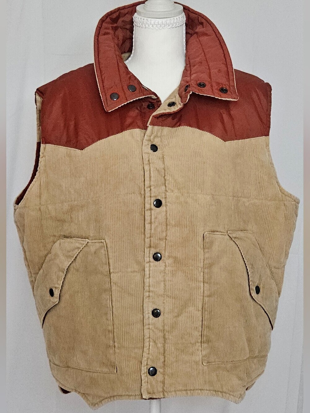 Vintage Reversible Corduroy Puffer Vest Men’s L/XL Rust Tan Western 90s - Picture 2 of 9